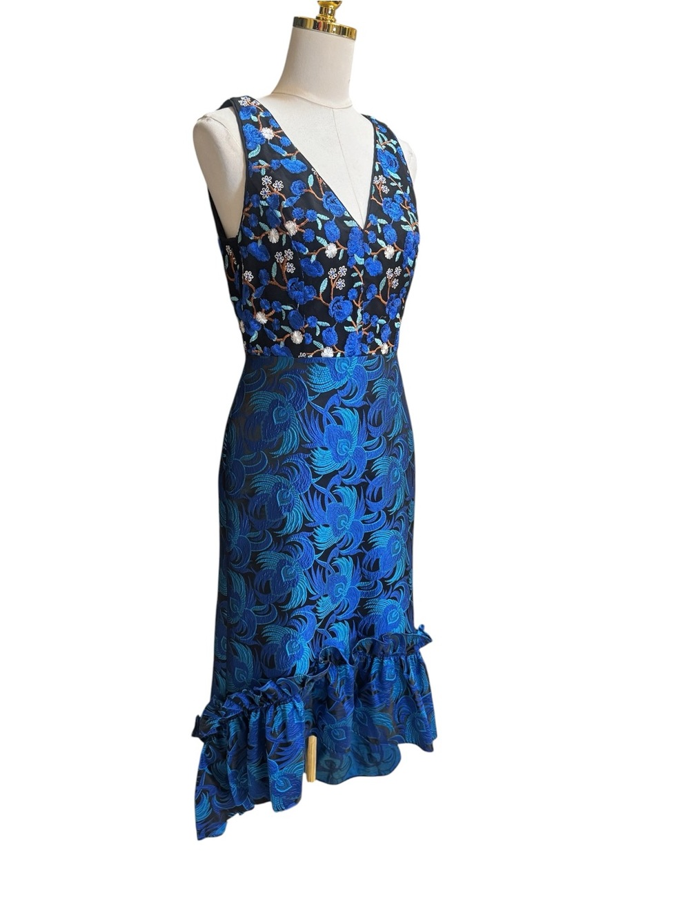 Belle Badgley Mischka Blue Embroidered High Low Jacquard Dress Size 6 - Picture 10 of 15
